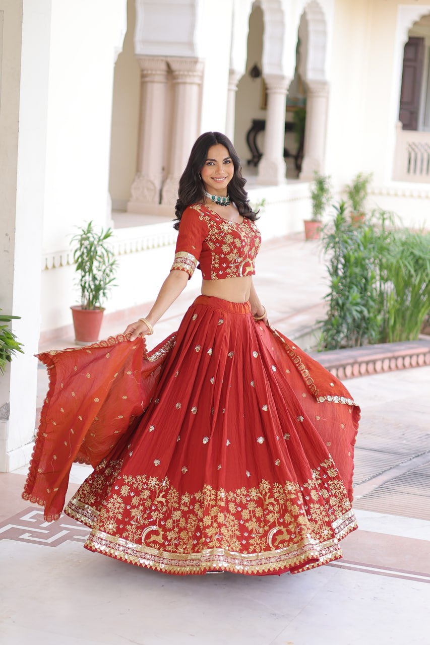 Orange Silk Sequins Lehenga Choli Set