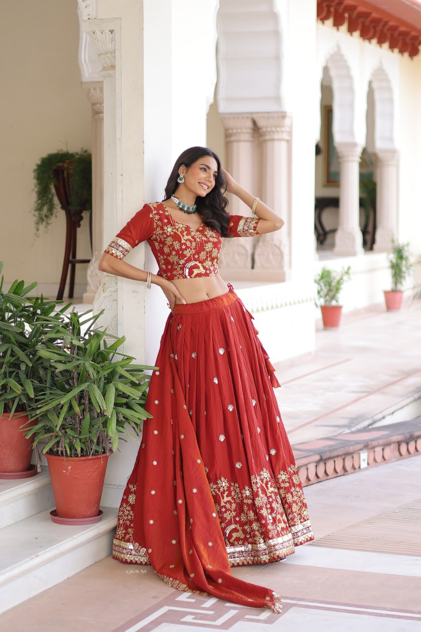 Orange Silk Sequins Lehenga Choli Set