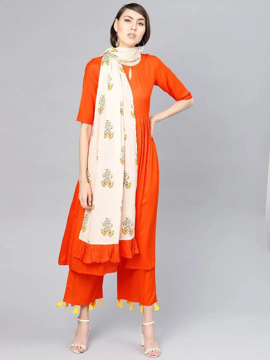 Anouk Orange Solid Rayon A-Line Kurta With Palazzos & Stole