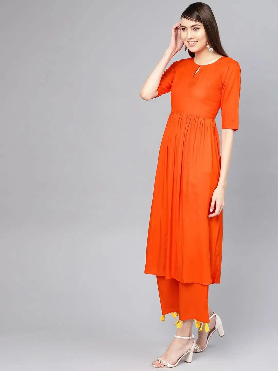 Anouk Orange Solid Rayon A-Line Kurta With Palazzos & Stole