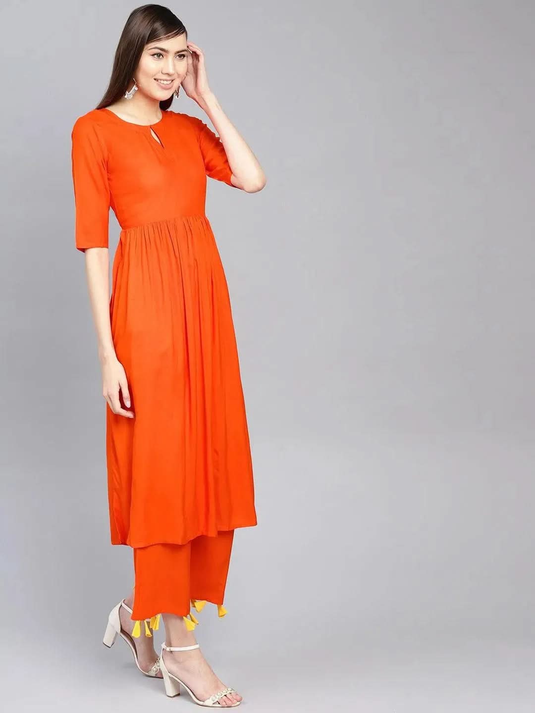 Anouk Orange Solid Rayon A-Line Kurta With Palazzos & Stole