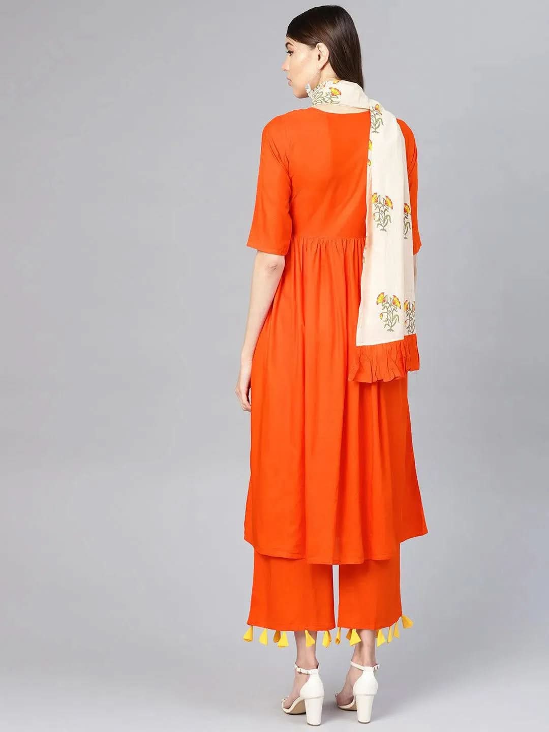 Anouk Orange Solid Rayon A-Line Kurta With Palazzos & Stole