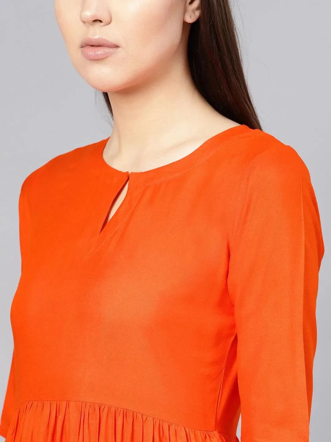 Anouk Orange Solid Rayon A-Line Kurta With Palazzos & Stole