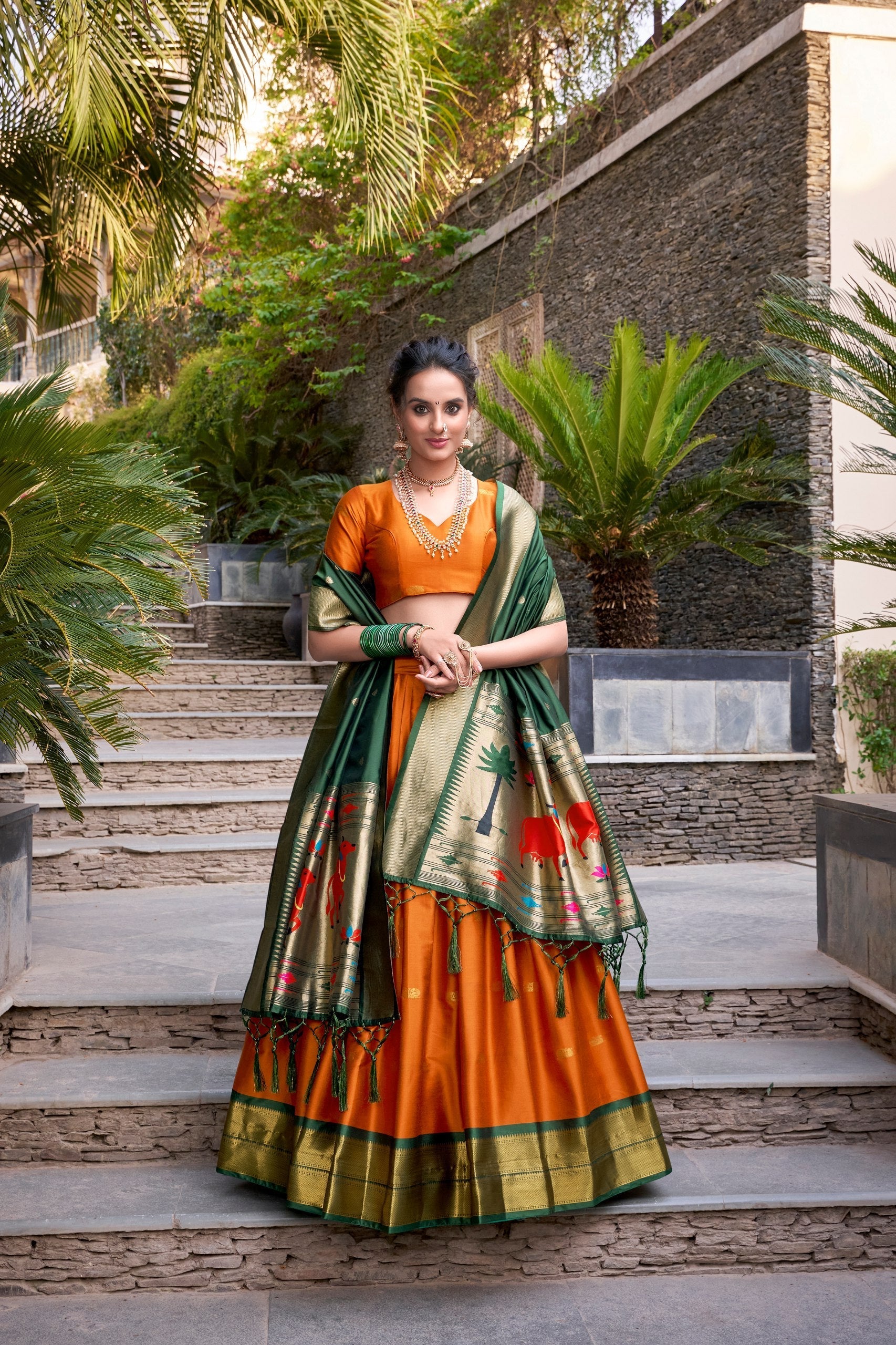 Orange Traditional Paithani Jacquard Silk Lehenga Set with Zari Weaving & Tassel Dupatta – Stitched