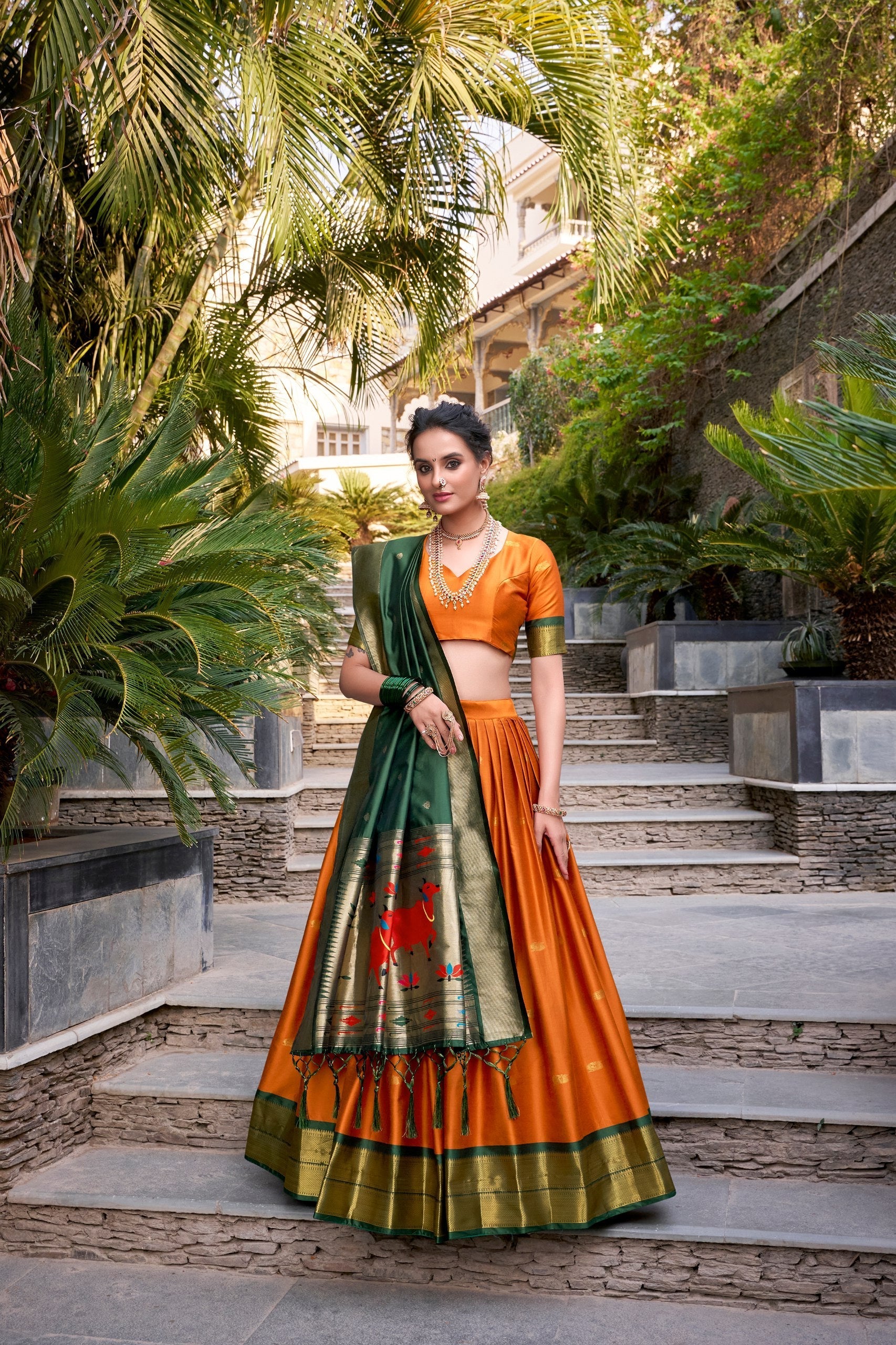 Orange Traditional Paithani Jacquard Silk Lehenga Set with Zari Weaving & Tassel Dupatta – Stitched