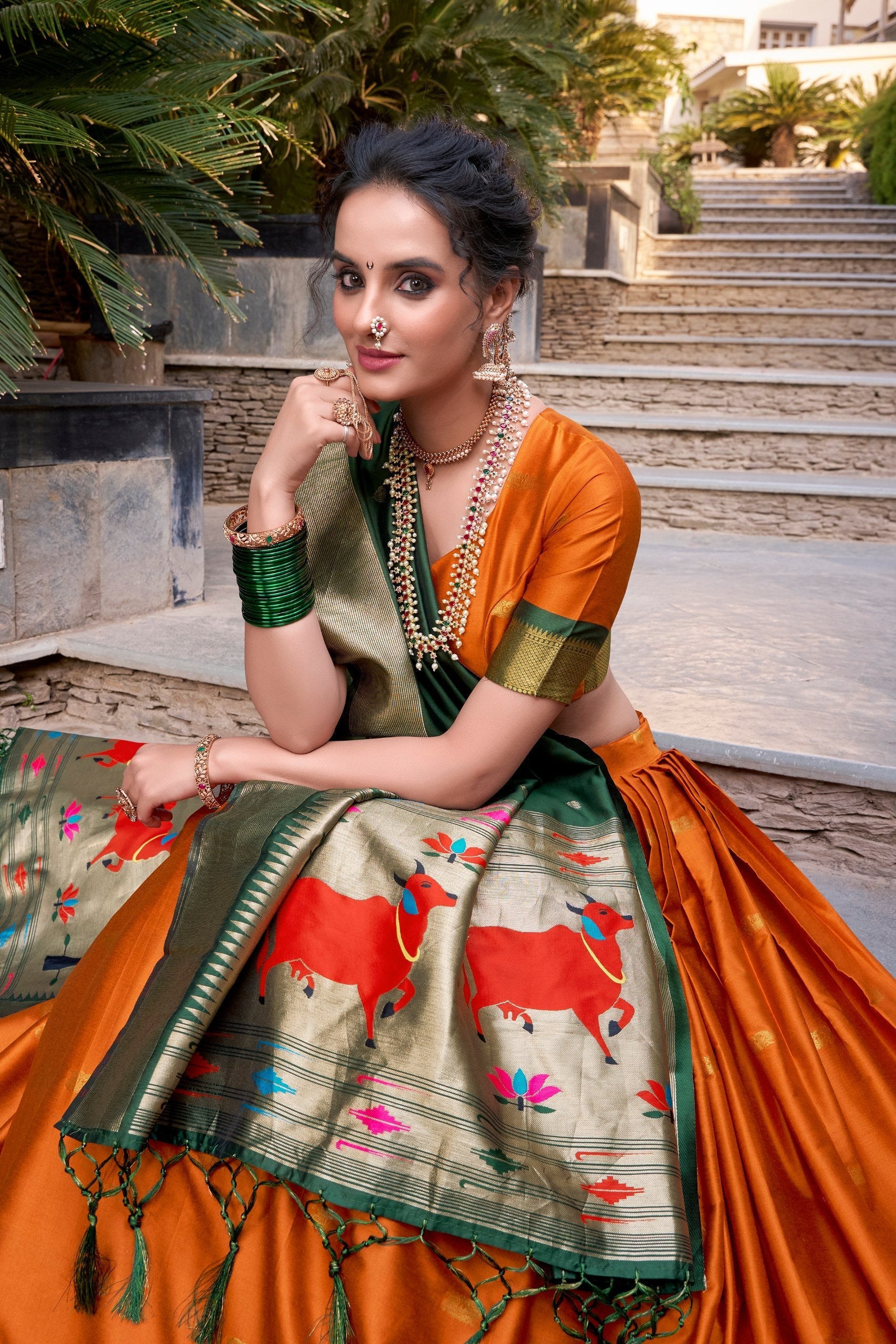 Orange Traditional Paithani Jacquard Silk Lehenga Set with Zari Weaving & Tassel Dupatta – Stitched