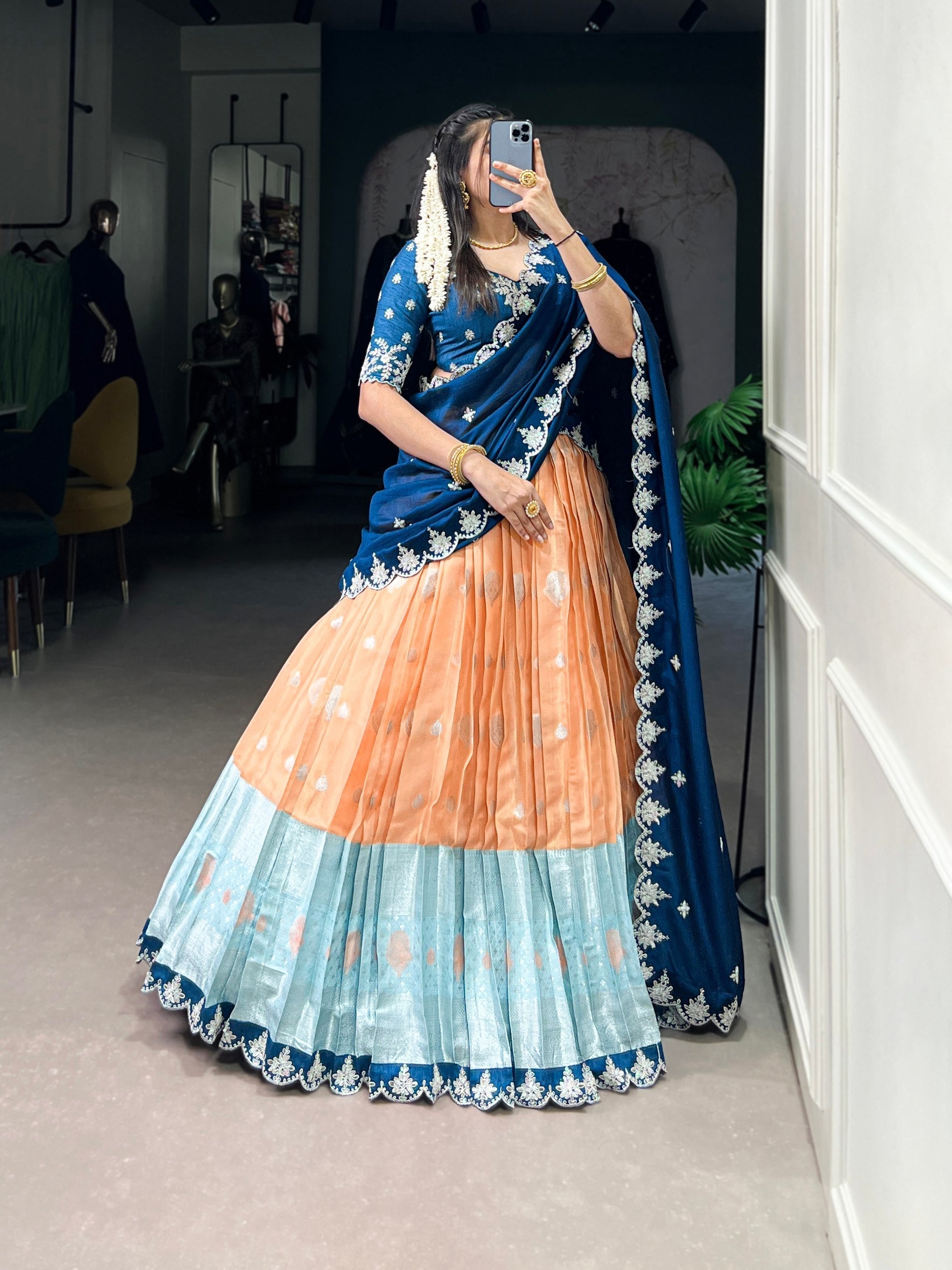Orange Zari Kota Embroidered Lehenga Set with Vichitra Silk Dupatta – Sequins & Thread Work, Unstitched Blouse