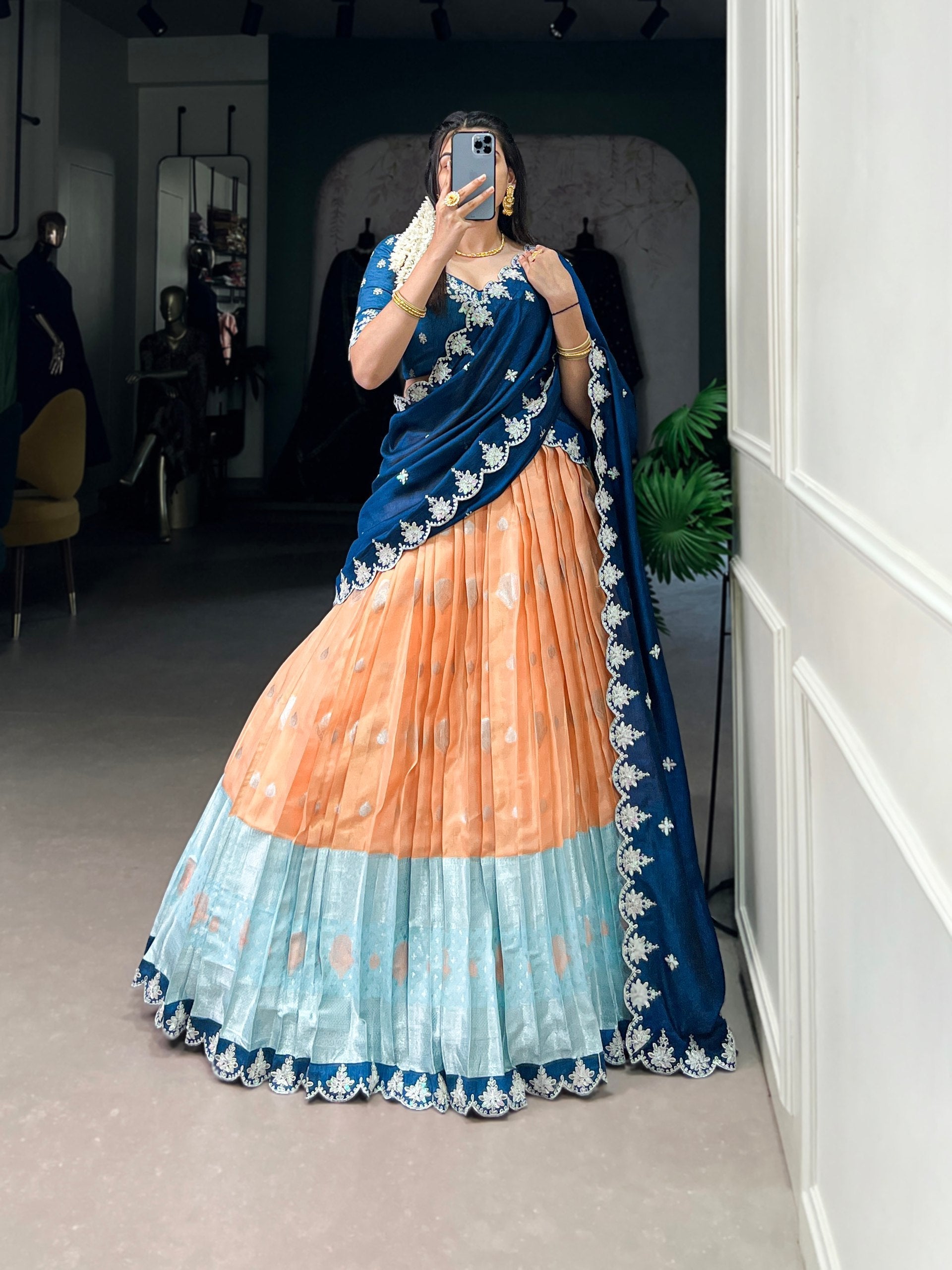 Orange Zari Kota Embroidered Lehenga Set with Vichitra Silk Dupatta – Sequins & Thread Work, Unstitched Blouse