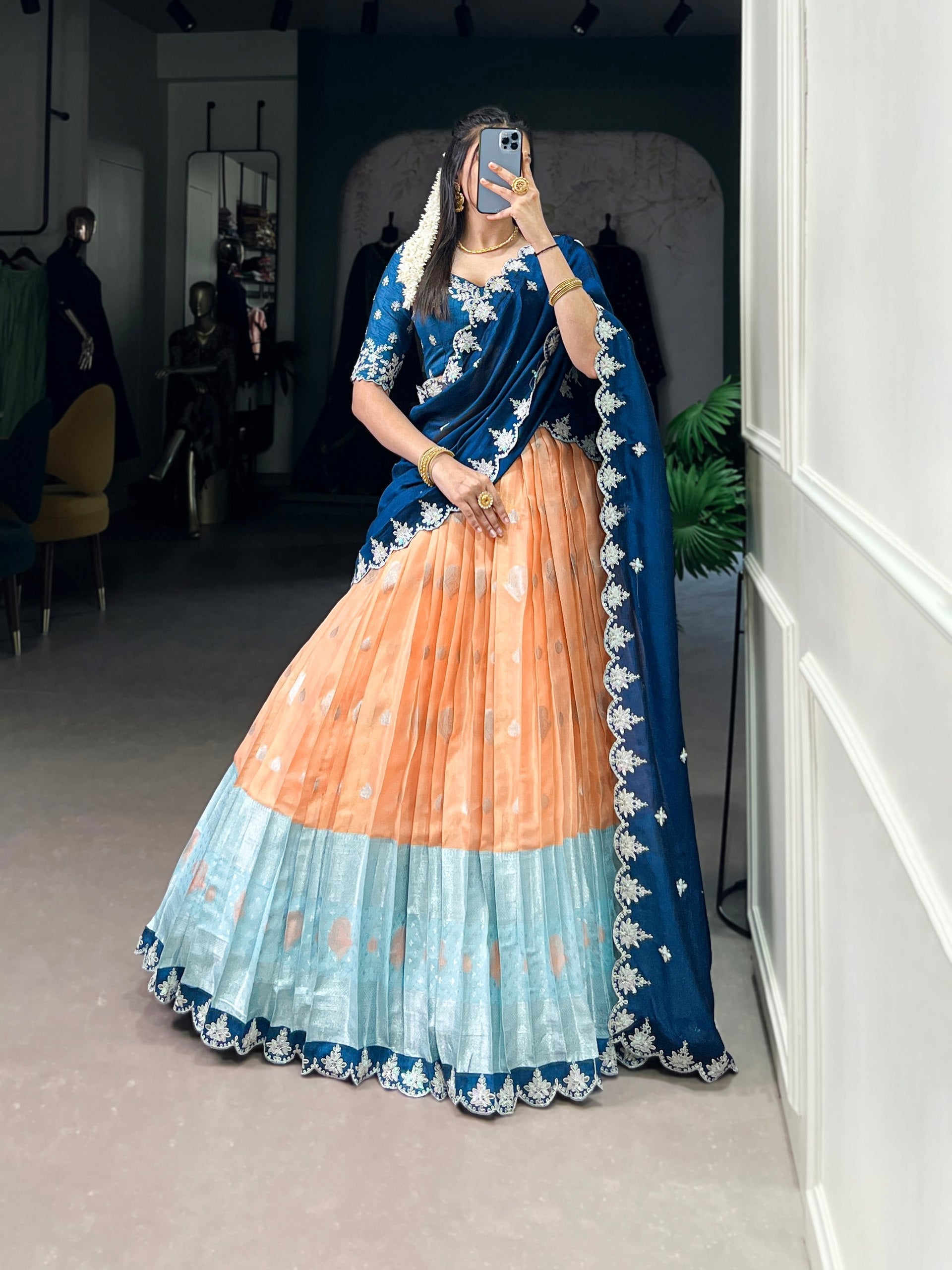 Orange Zari Kota Embroidered Lehenga Set with Vichitra Silk Dupatta – Sequins & Thread Work, Unstitched Blouse