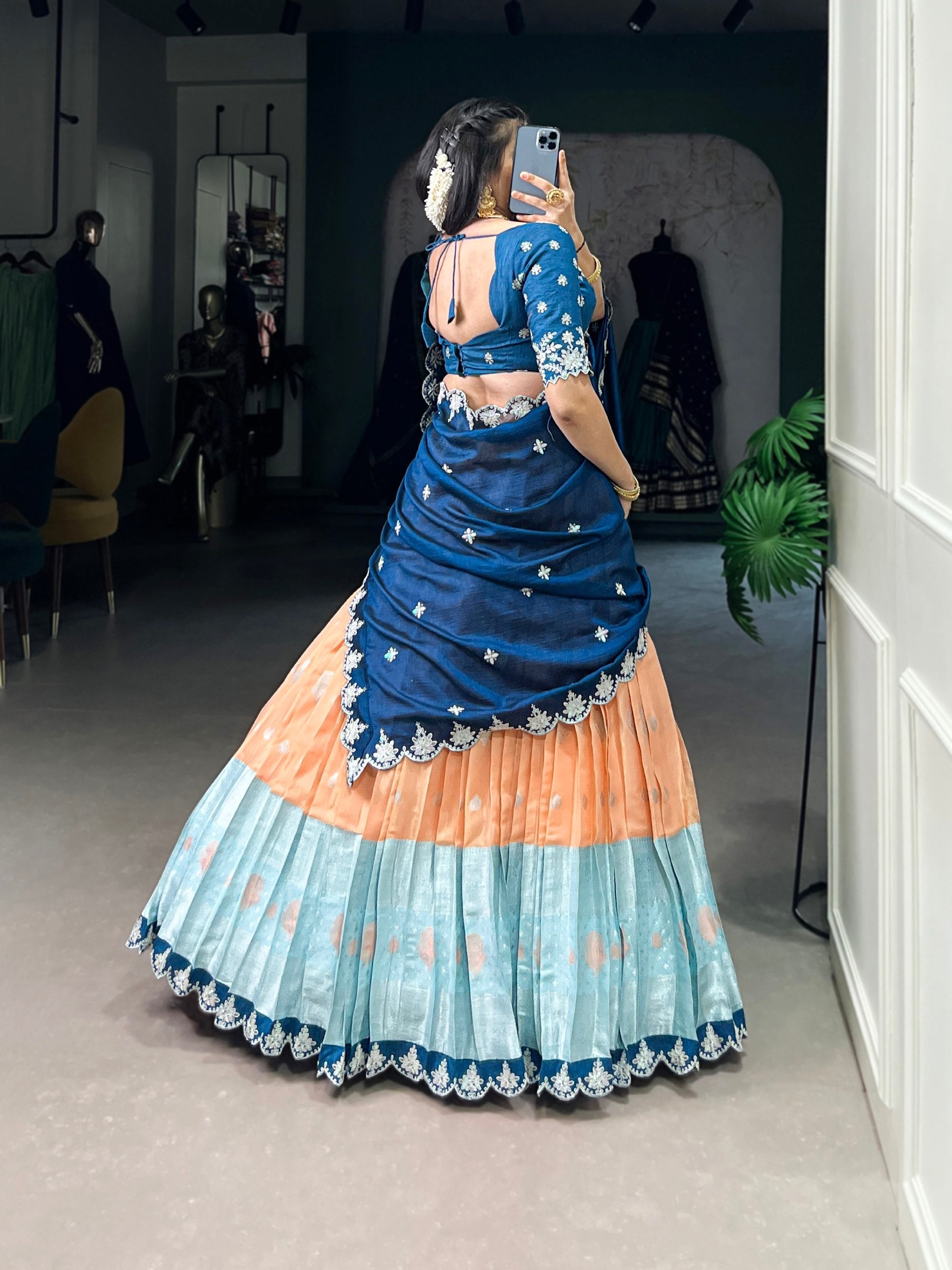 Orange Zari Kota Embroidered Lehenga Set with Vichitra Silk Dupatta – Sequins & Thread Work, Unstitched Blouse
