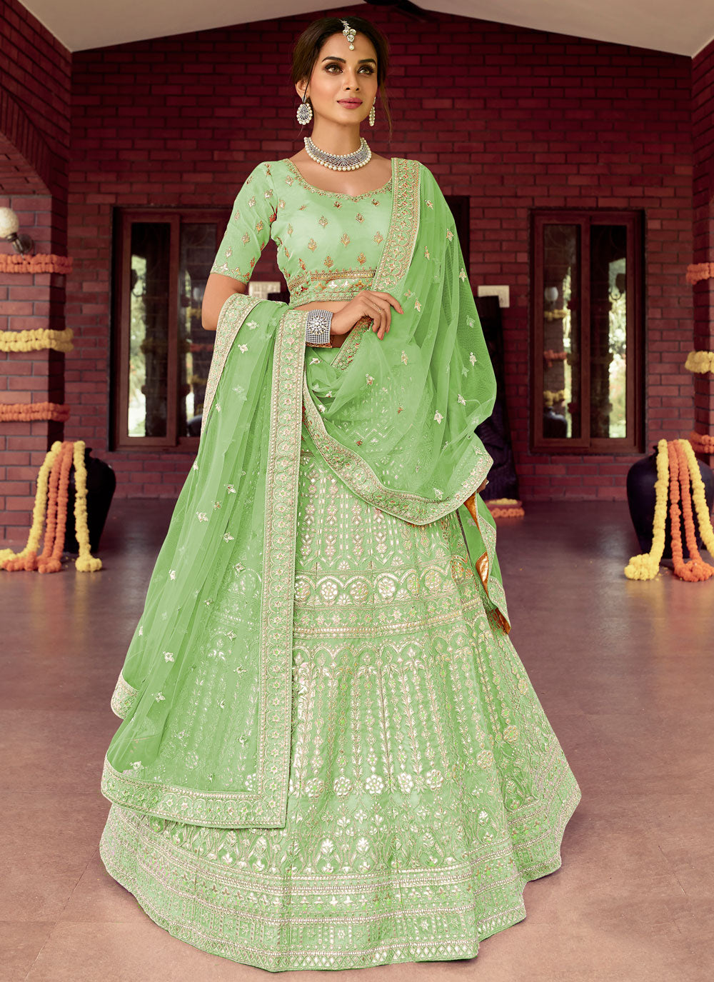 Light Green Color Organza Base Gota And Zari Work Lehenga