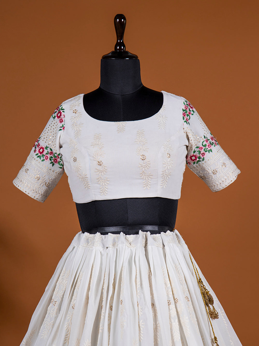 White Color Lucknowi Embroidery Work Georgette Lehenga Choli With Bandhej Dupatta