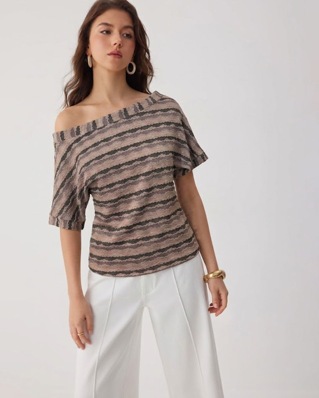 Off Shoulder Striped Knit Crop Top in Peach