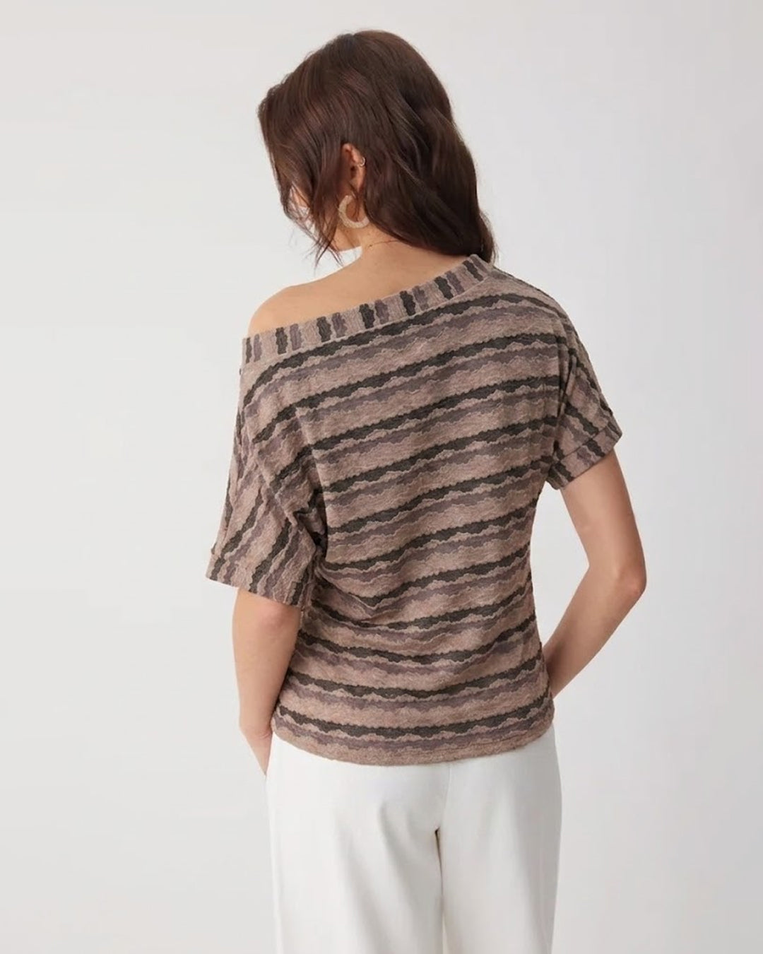 Off Shoulder Striped Knit Crop Top in Peach