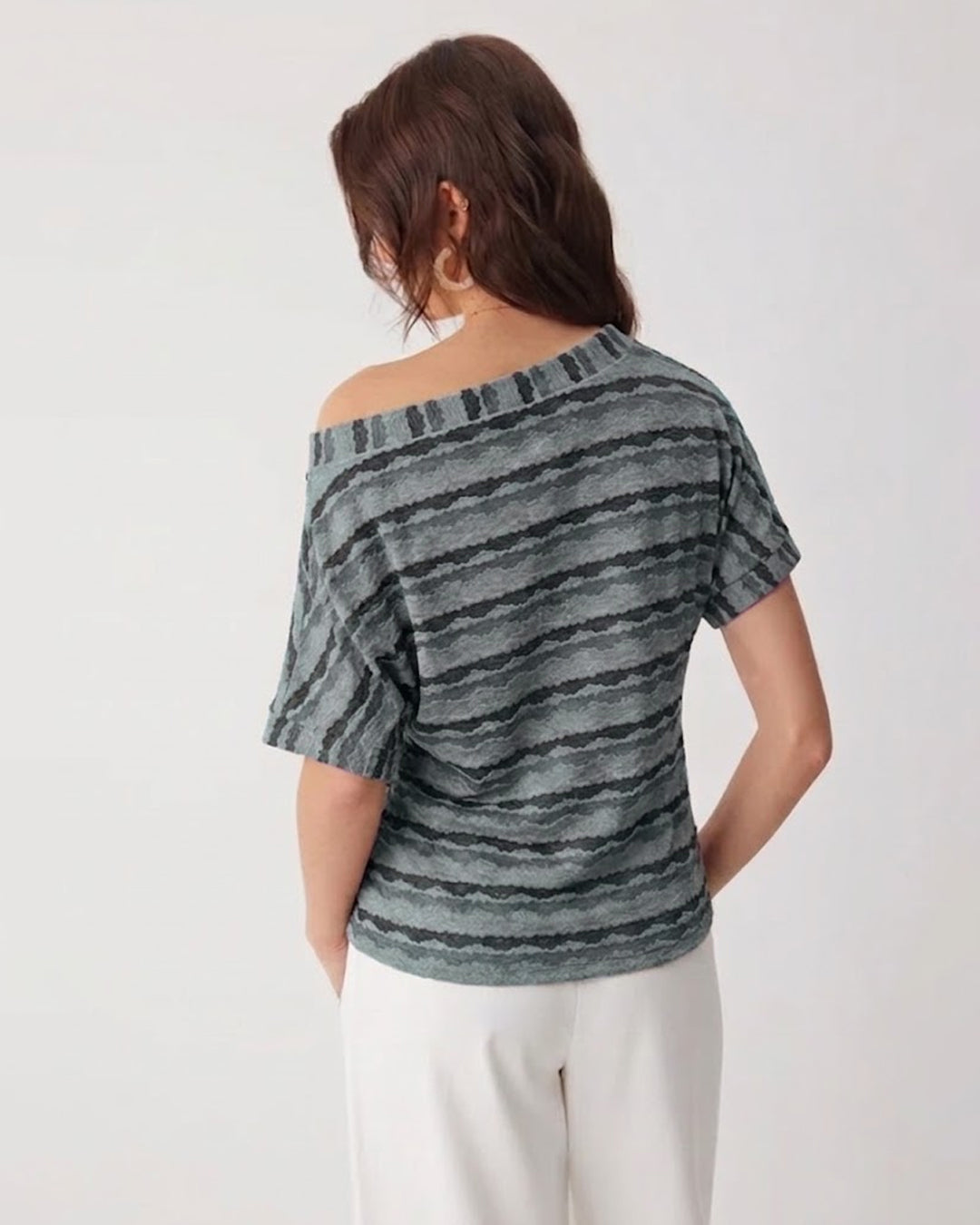 Off Shoulder Striped Knit Crop Top in Sky Blue