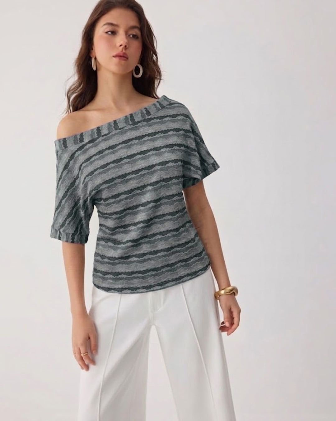 Off Shoulder Striped Knit Crop Top in Sky Blue
