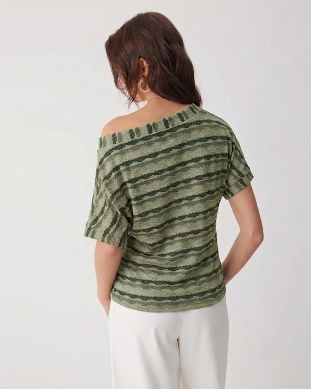 Off Shoulder Striped Knit Crop Top in Sage Green