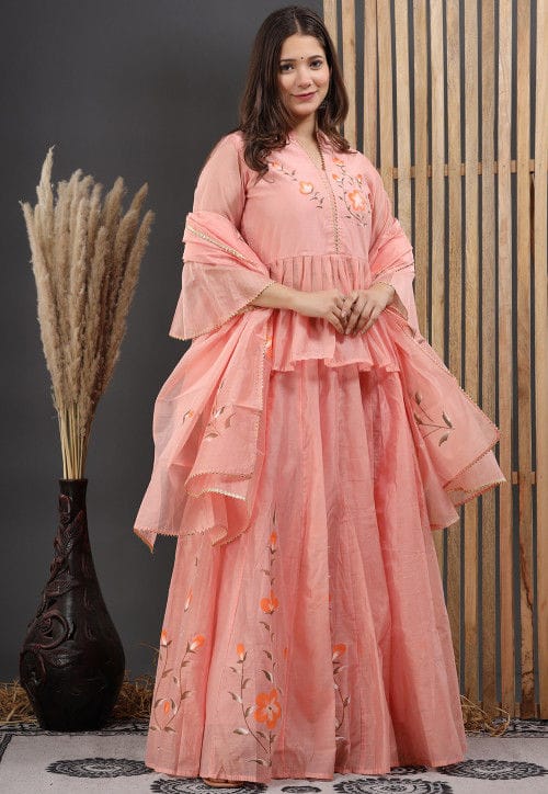 Painted Chanderi Lehenga Choli Set with Blouse & Dupatta