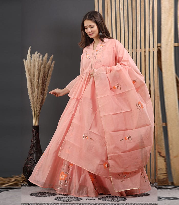 Painted Chanderi Lehenga Choli Set with Blouse & Dupatta