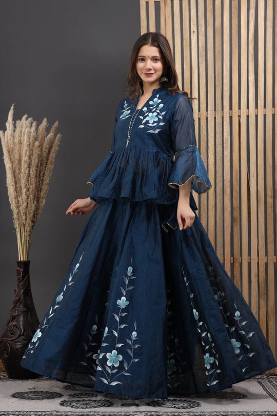 Painted Chanderi Lehenga Choli Set with Blouse & Dupatta
