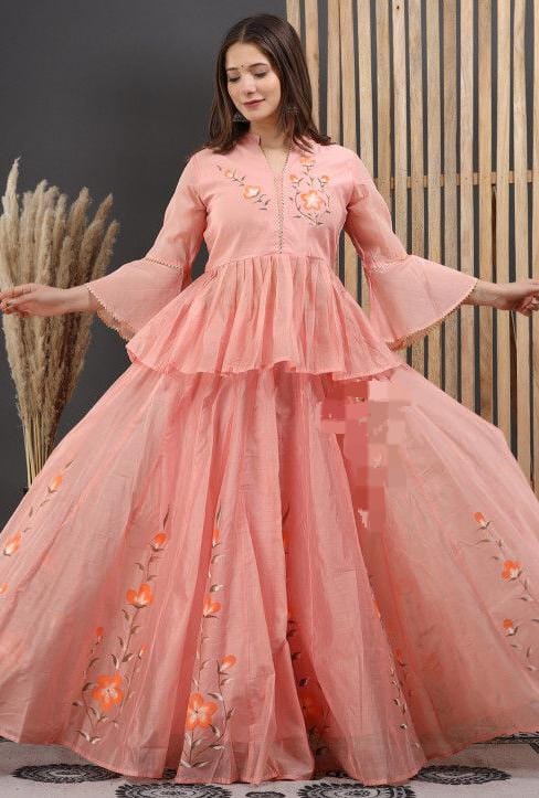 Painted Chanderi Lehenga Choli Set with Blouse & Dupatta