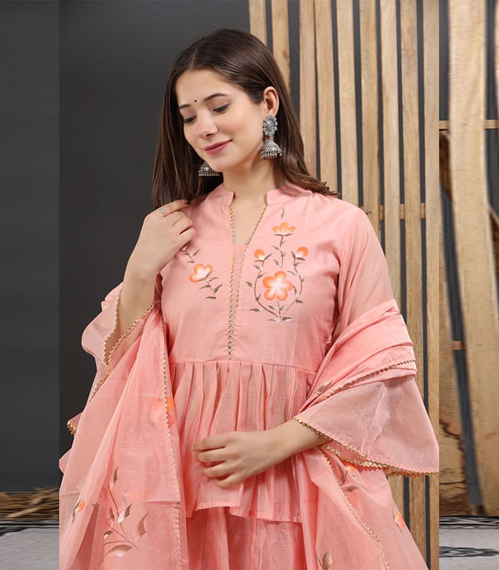 Painted Chanderi Lehenga Choli Set with Blouse & Dupatta