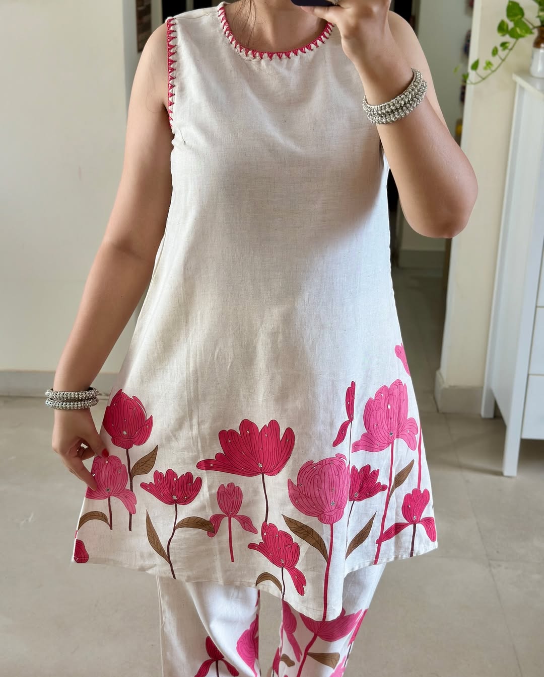 Panel Print Cotton Flex Kurti & Pant Set with Katha Work