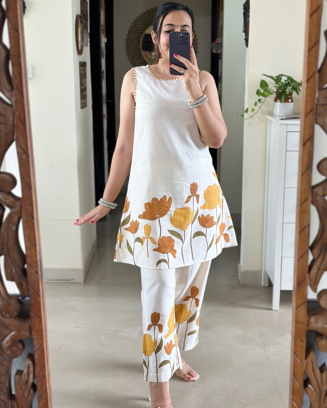 Panel Print Cotton Flex Kurti & Pant Set with Katha Work