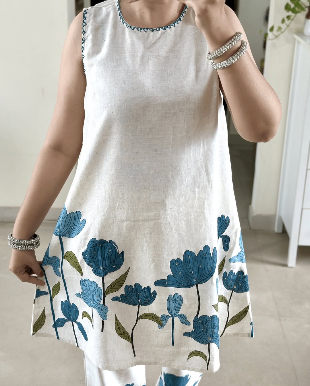 Panel Print Cotton Flex Kurti & Pant Set with Katha Work