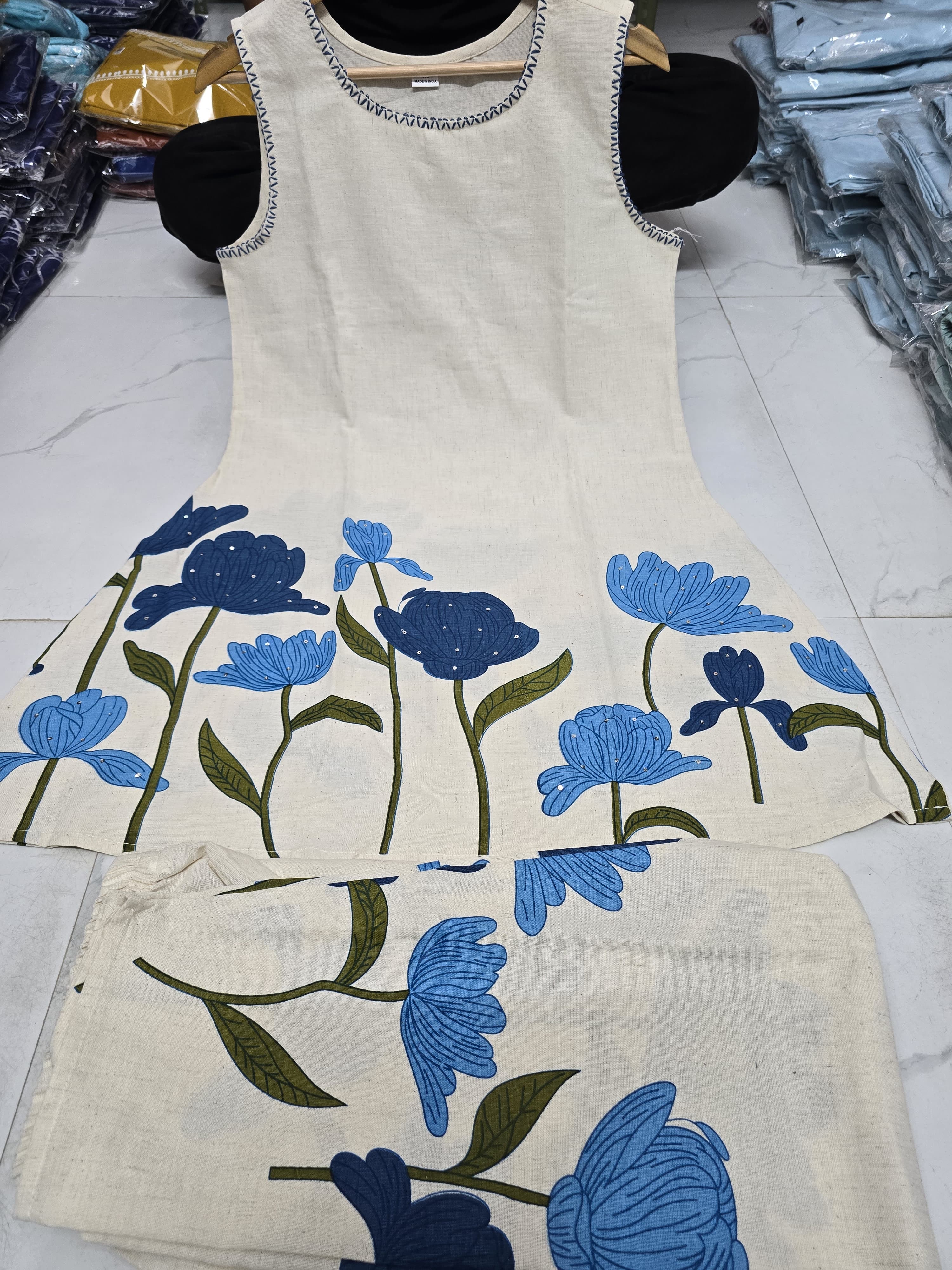 Panel Print Cotton Flex Kurti & Pant Set with Katha Work