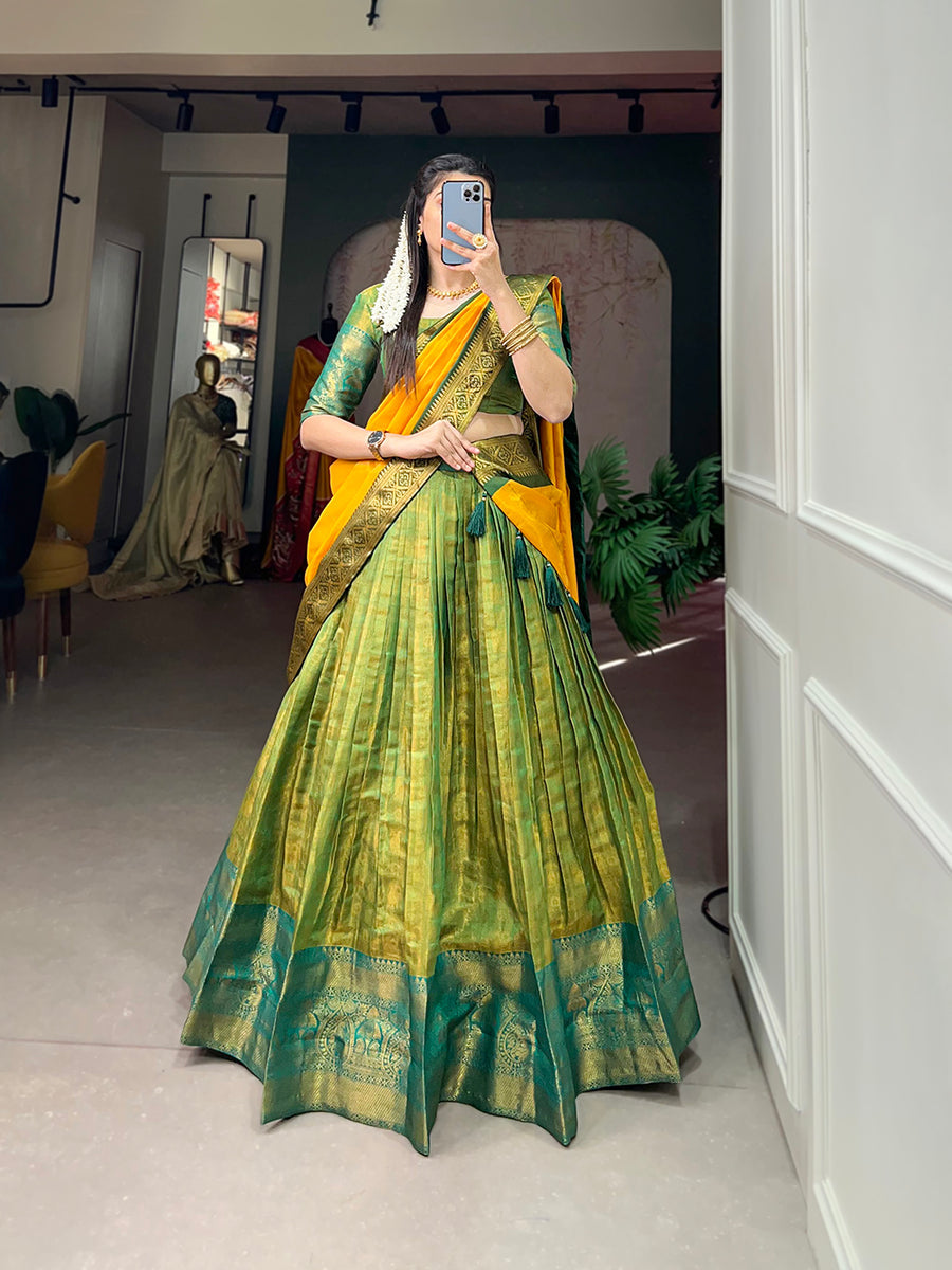 Parrot Green Exquisite Kanjivaram Silk Lehenga Choli with Zari Weaving