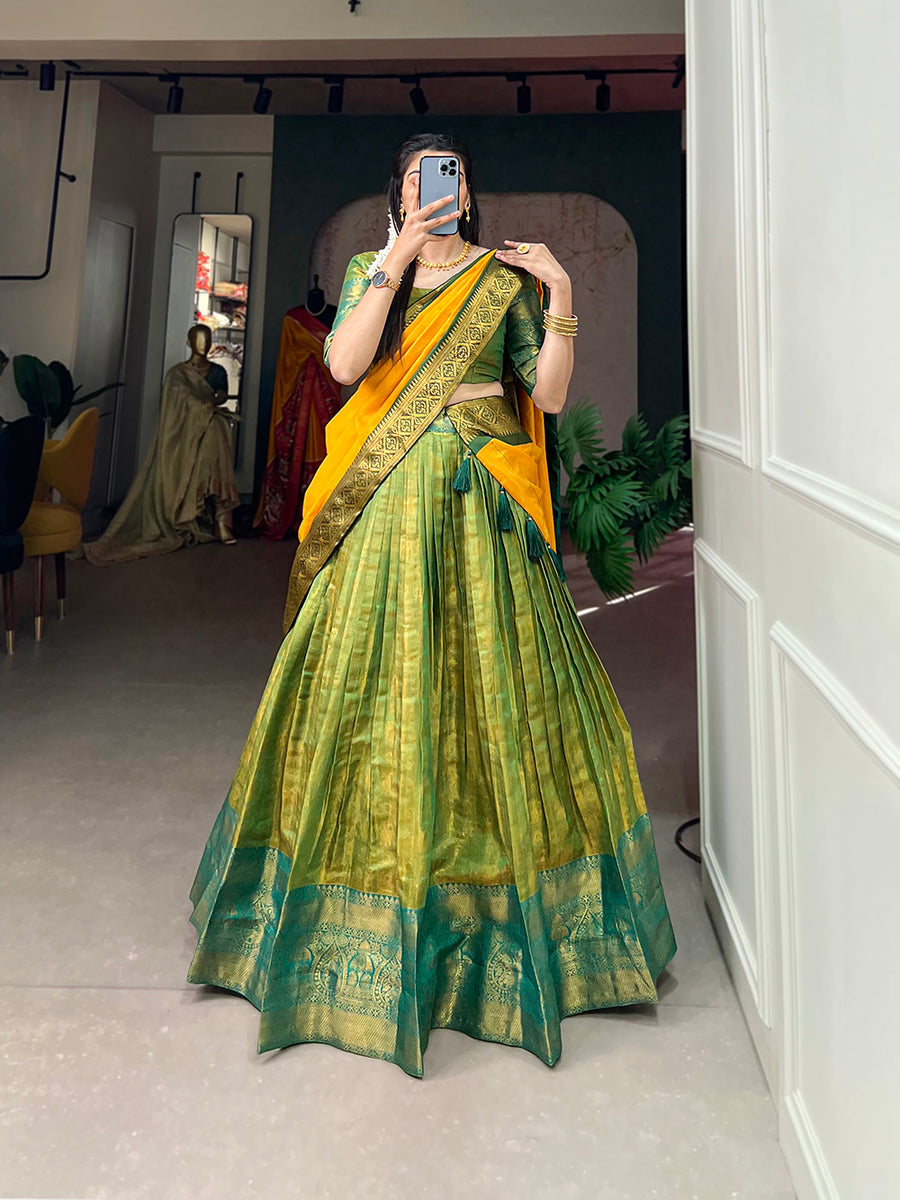 Parrot Green Exquisite Kanjivaram Silk Lehenga Choli with Zari Weaving