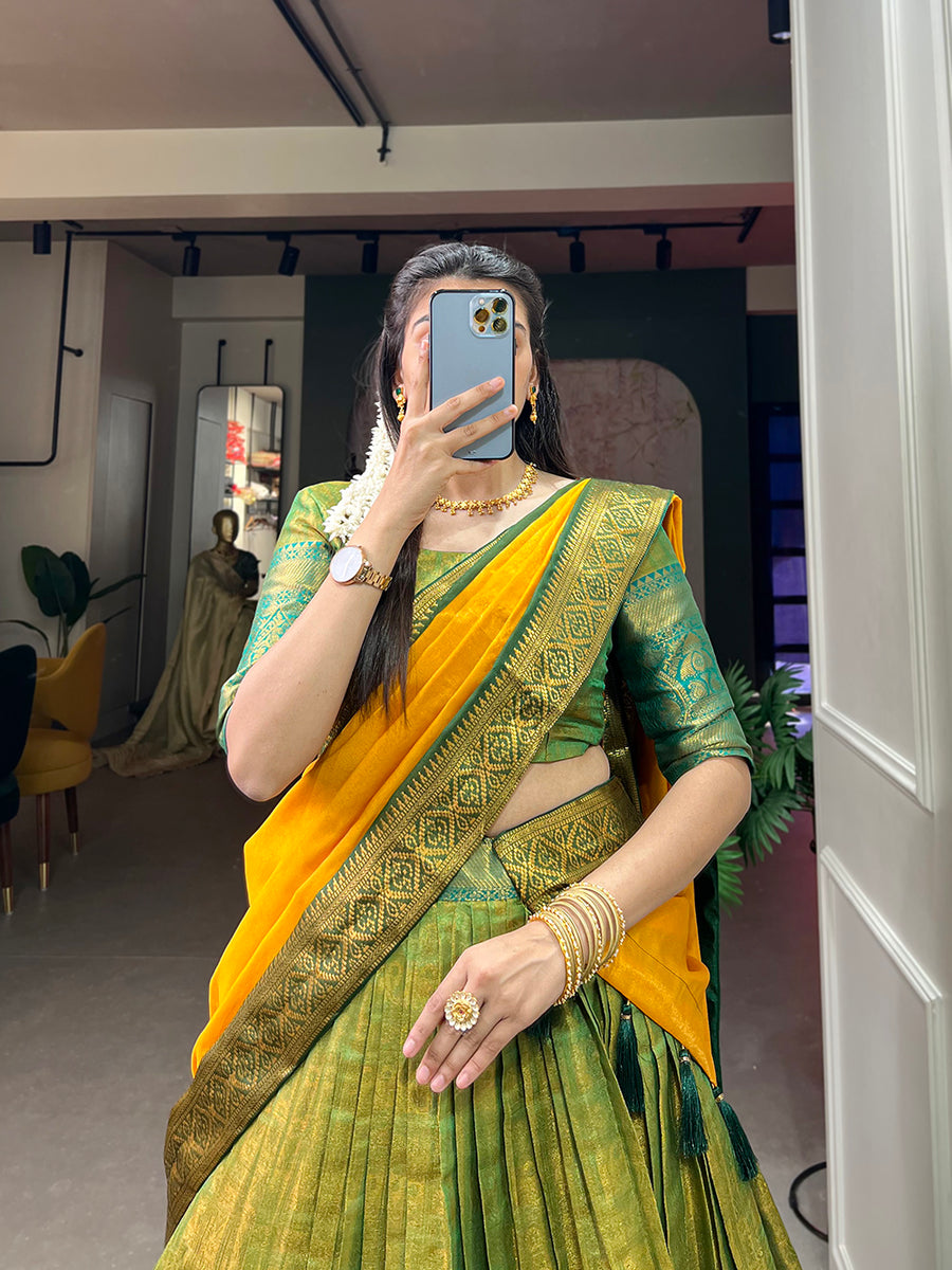 Parrot Green Exquisite Kanjivaram Silk Lehenga Choli with Zari Weaving