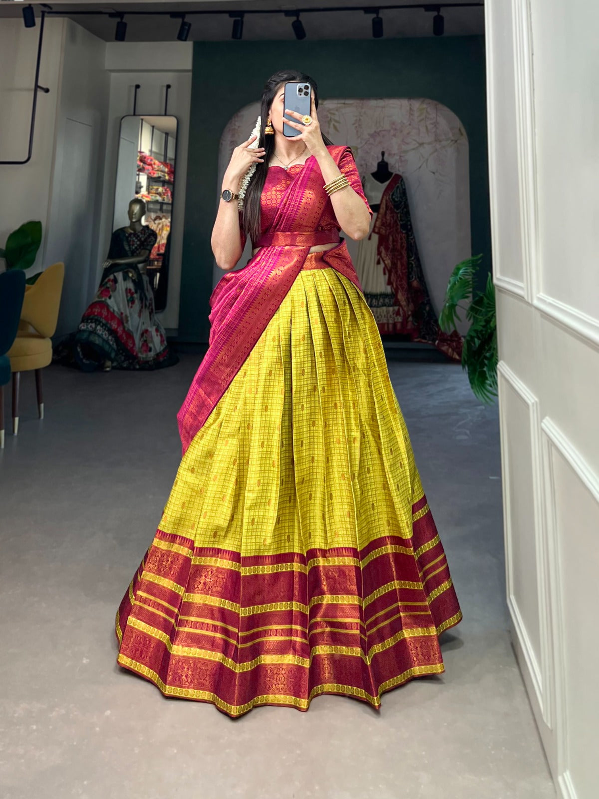 Parrot Green Jacquard Silk Lehenga Choli with Zari Weaving Work