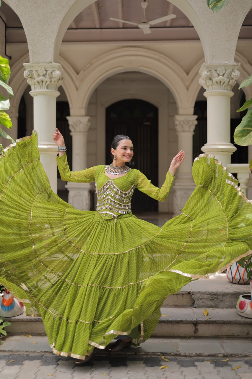 Parrot Green Navratri Special Leheriya Print Lehenga Choli with 12 Mtr Flair & Mirror Lace Work