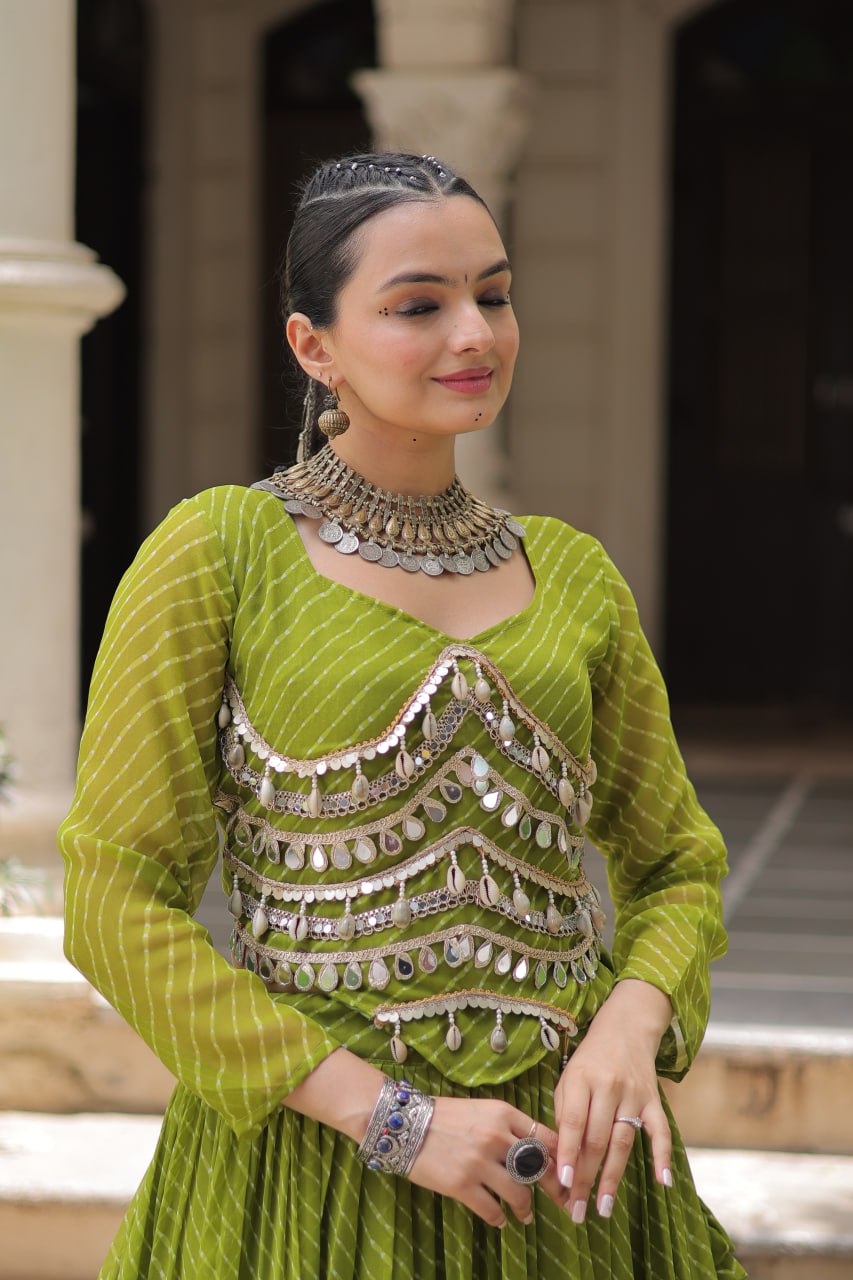 Parrot Green Navratri Special Leheriya Print Lehenga Choli with 12 Mtr Flair & Mirror Lace Work