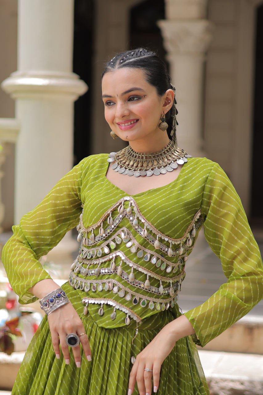 Parrot Green Navratri Special Leheriya Print Lehenga Choli with 12 Mtr Flair & Mirror Lace Work