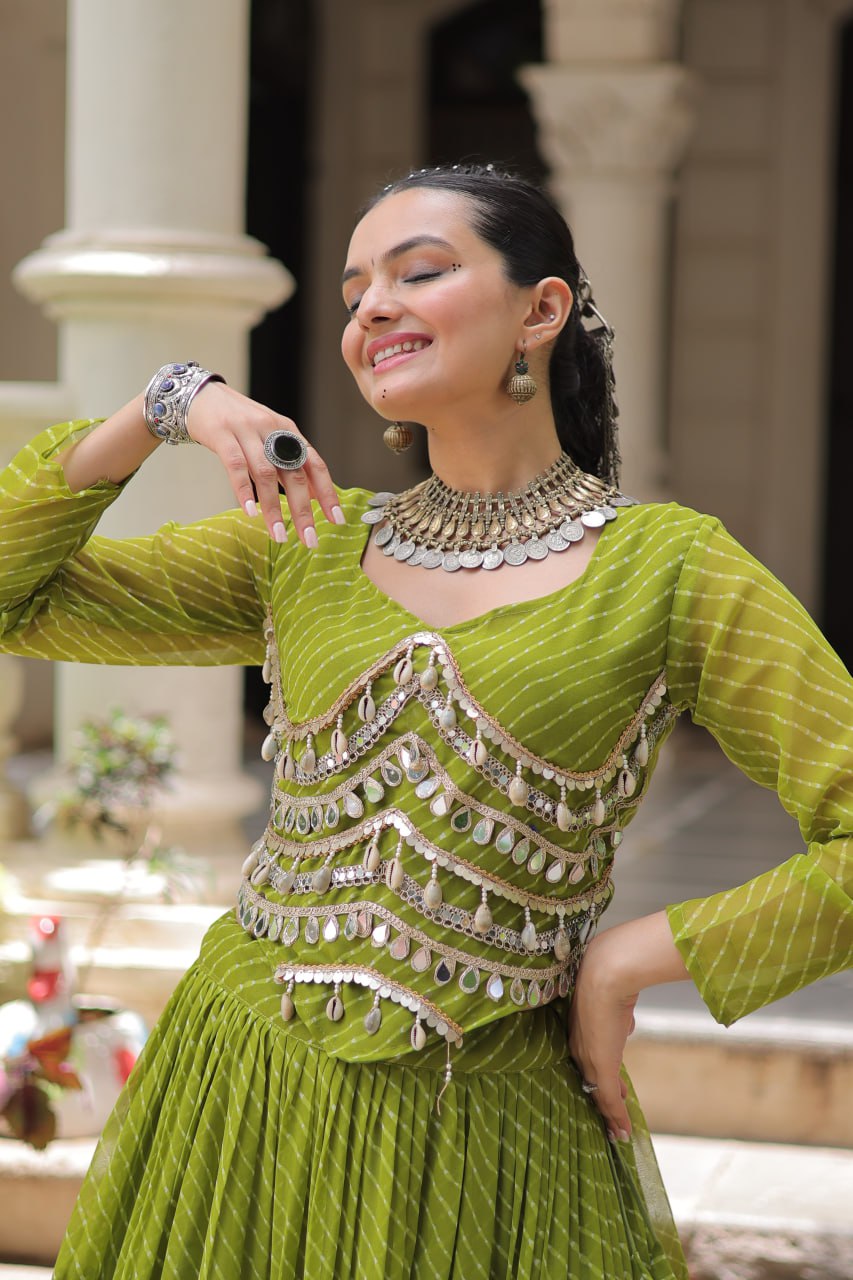 Parrot Green Navratri Special Leheriya Print Lehenga Choli with 12 Mtr Flair & Mirror Lace Work