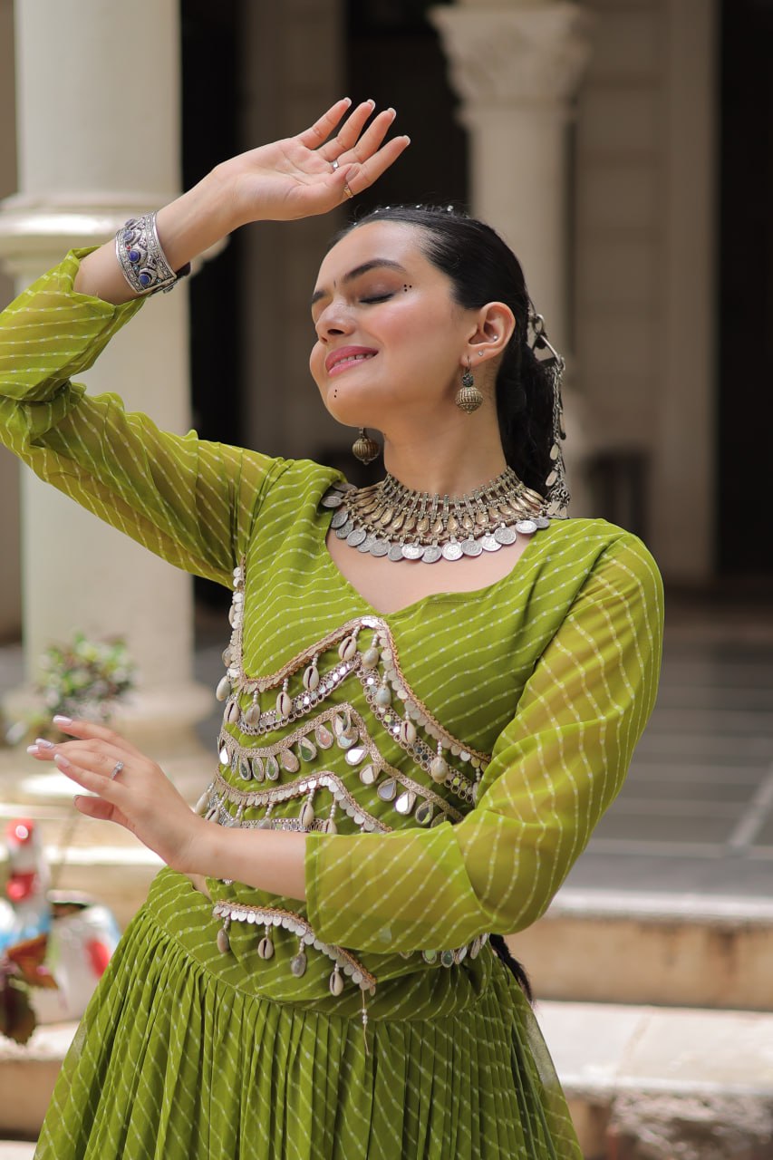 Parrot Green Navratri Special Leheriya Print Lehenga Choli with 12 Mtr Flair & Mirror Lace Work