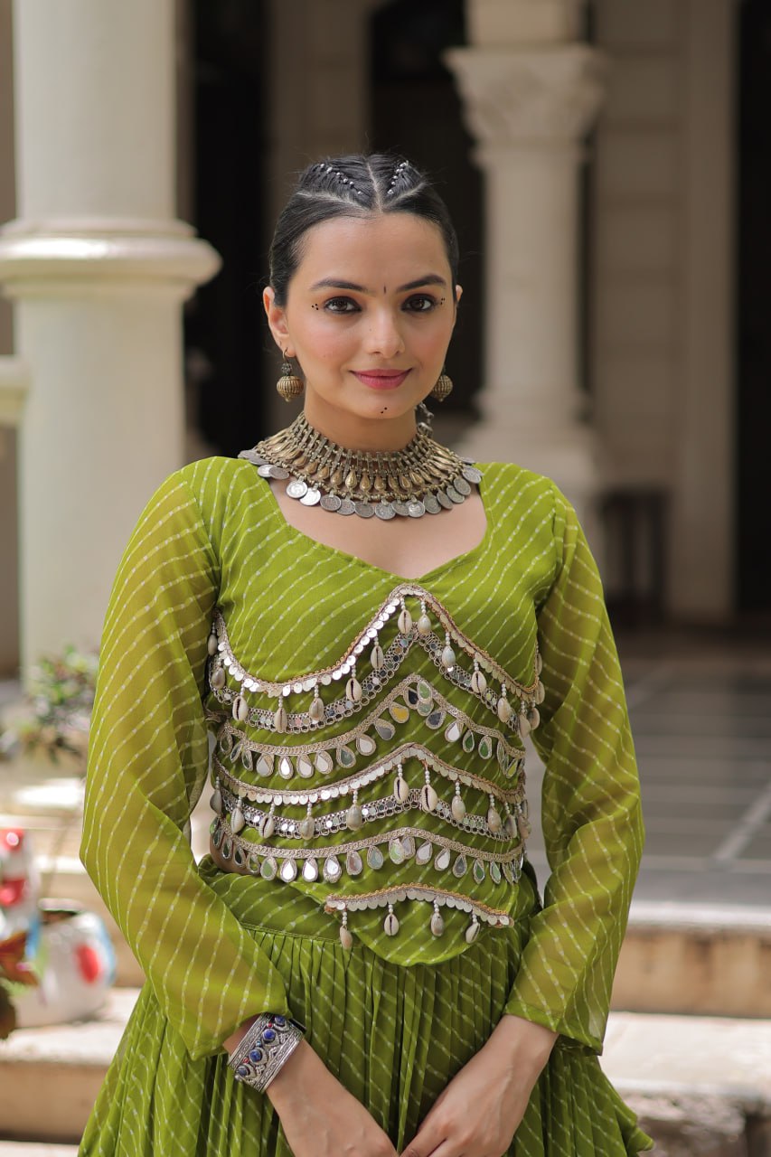 Parrot Green Navratri Special Leheriya Print Lehenga Choli with 12 Mtr Flair & Mirror Lace Work