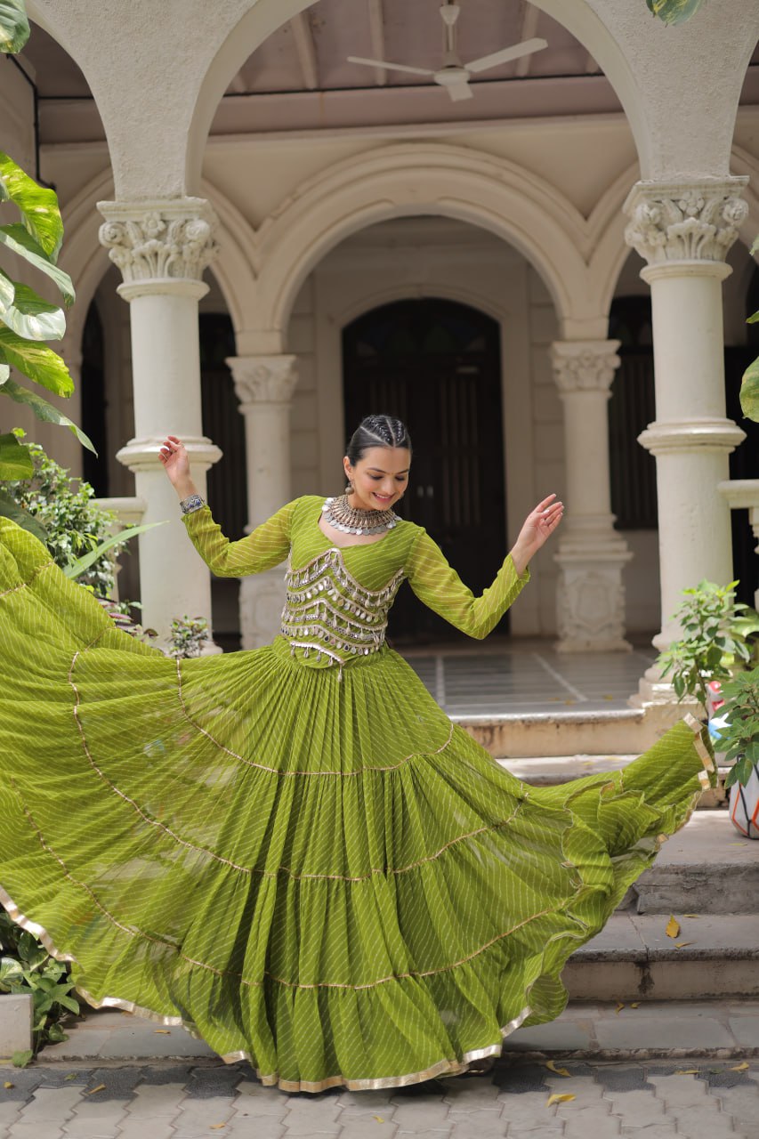 Parrot Green Navratri Special Leheriya Print Lehenga Choli with 12 Mtr Flair & Mirror Lace Work