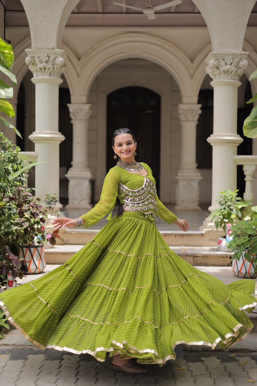 Parrot Green Navratri Special Leheriya Print Lehenga Choli with 12 Mtr Flair & Mirror Lace Work