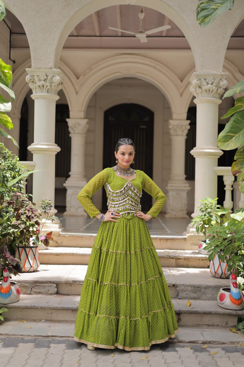 Parrot Green Navratri Special Leheriya Print Lehenga Choli with 12 Mtr Flair & Mirror Lace Work