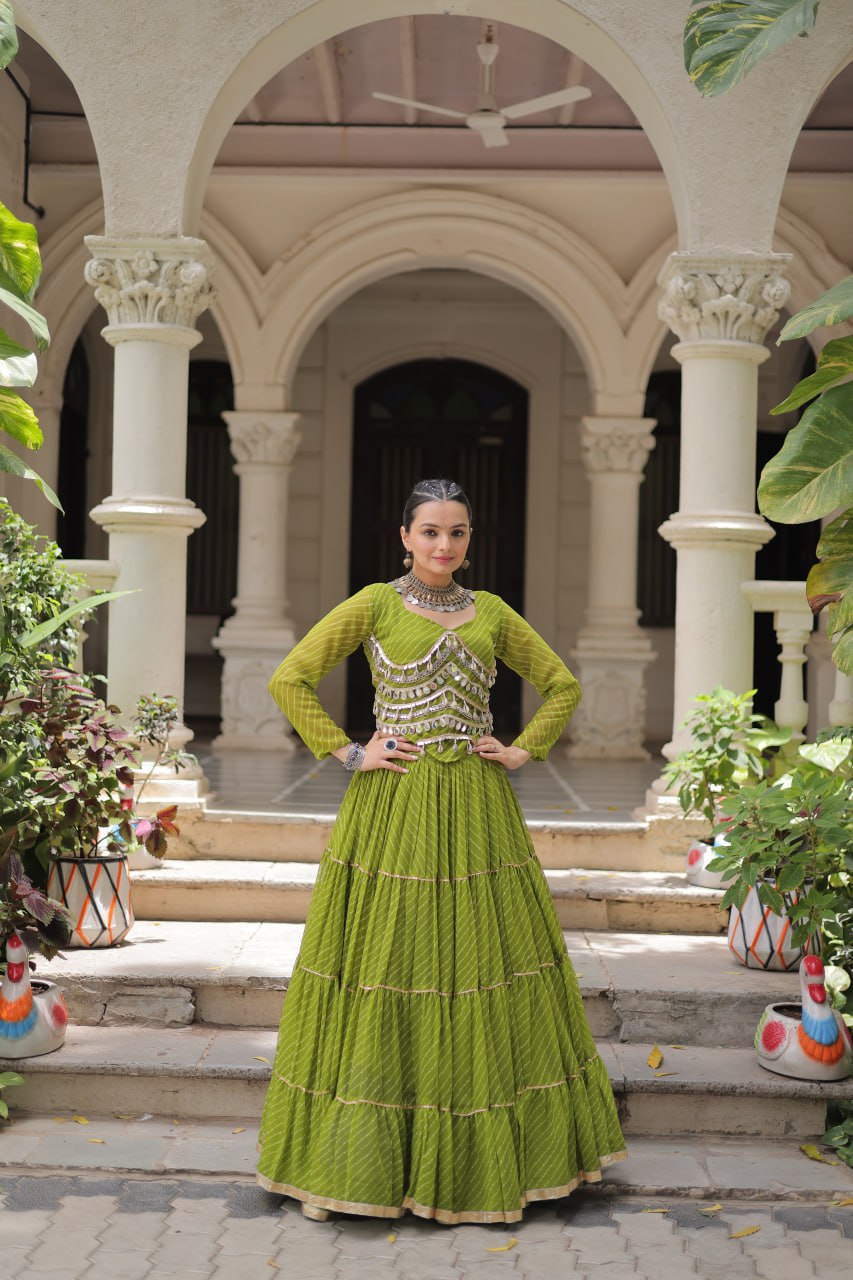 Parrot Green Navratri Special Leheriya Print Lehenga Choli with 12 Mtr Flair & Mirror Lace Work