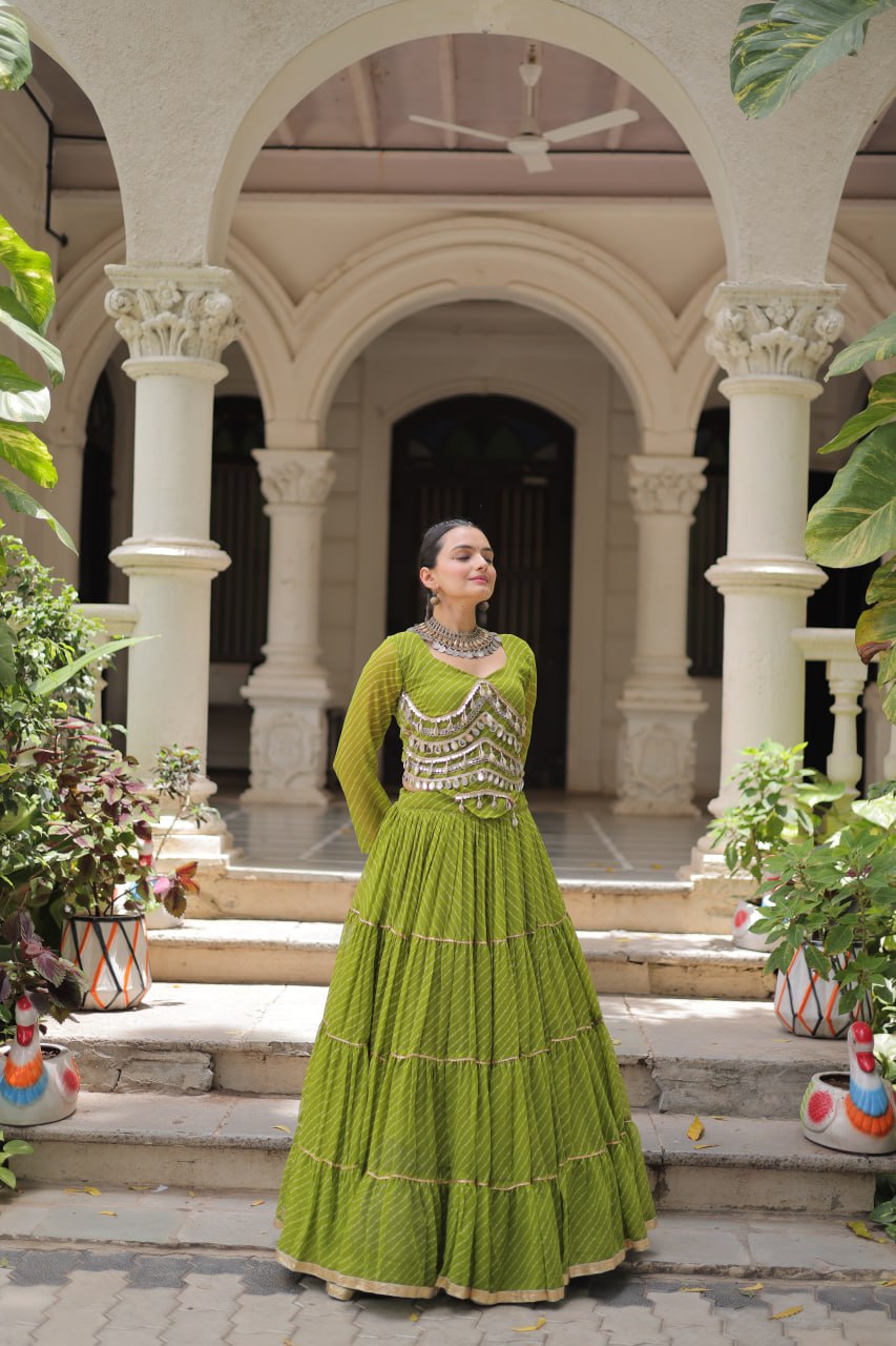 Parrot Green Navratri Special Leheriya Print Lehenga Choli with 12 Mtr Flair & Mirror Lace Work