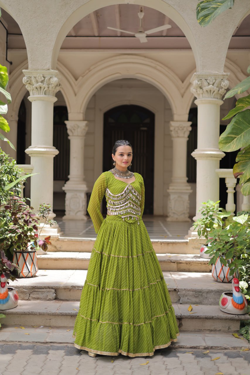 Parrot Green Navratri Special Leheriya Print Lehenga Choli with 12 Mtr Flair & Mirror Lace Work