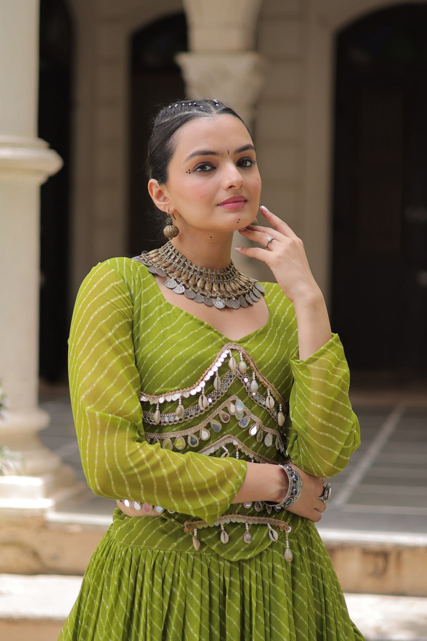 Parrot Green Navratri Special Leheriya Print Lehenga Choli with 12 Mtr Flair & Mirror Lace Work