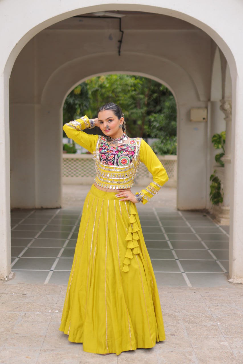 Parrot Navratri Special Roman Fabric Lehenga Choli with Kutchi Gamthi & Mirror Work