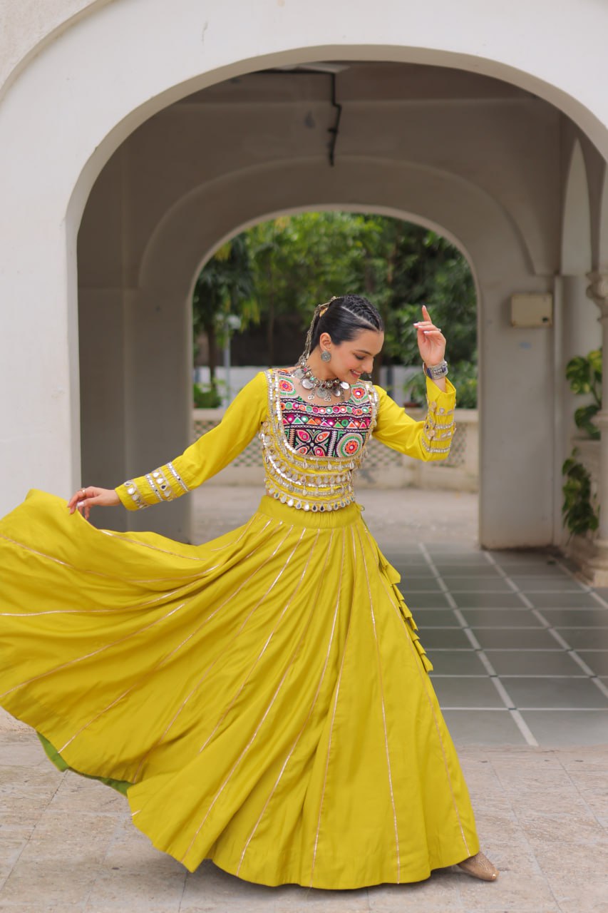 Parrot Navratri Special Roman Fabric Lehenga Choli with Kutchi Gamthi & Mirror Work