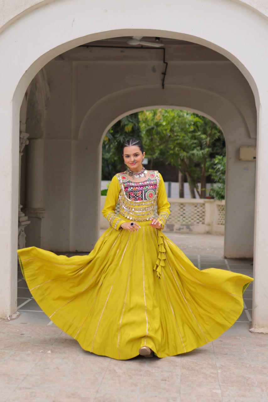 Parrot Navratri Special Roman Fabric Lehenga Choli with Kutchi Gamthi & Mirror Work